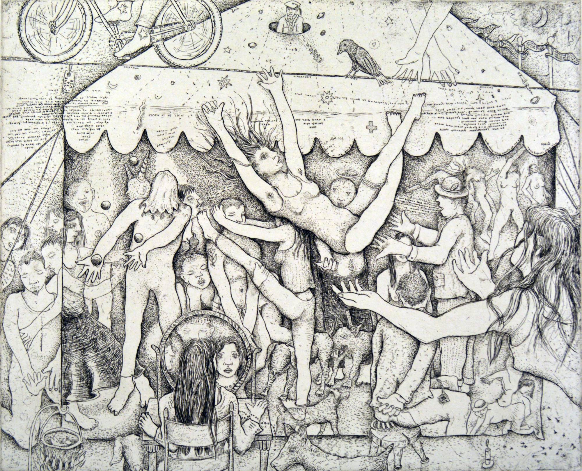 engraving of group of people performing under circus tent